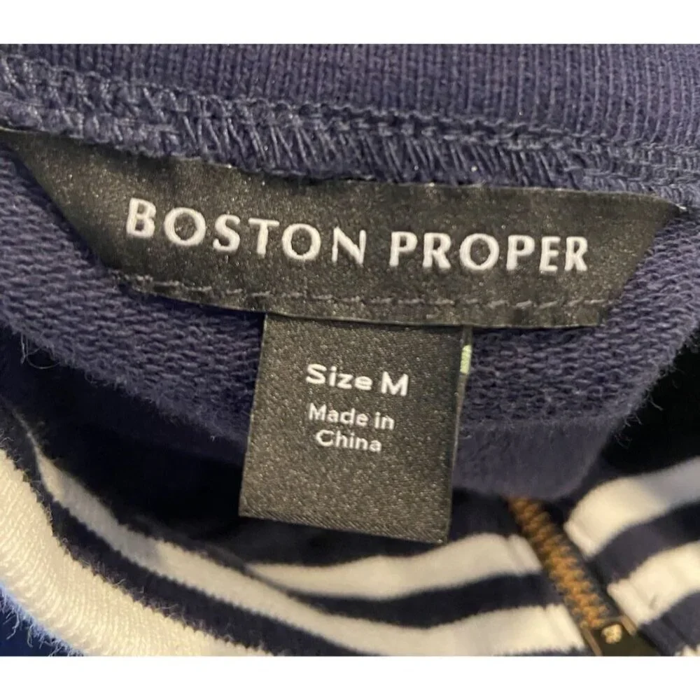 Boston Proper Dress Sheath Stretch Nautical Navy Blue White Gold Medium M